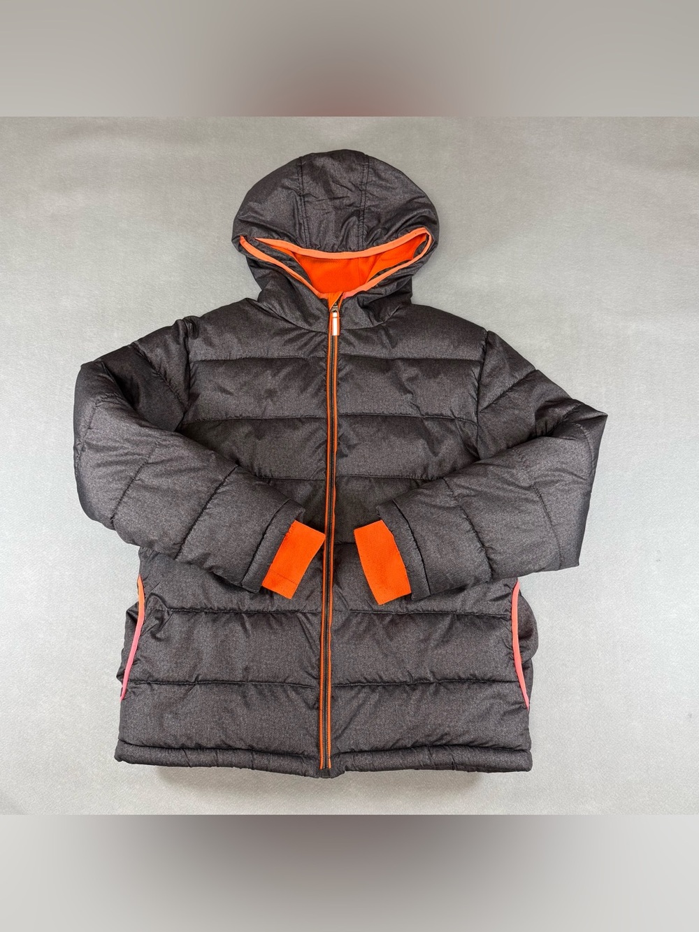 Faded glory boys Kids Hooded Puffer Jacket Dark Gray Orange Trim size XL (14-16)